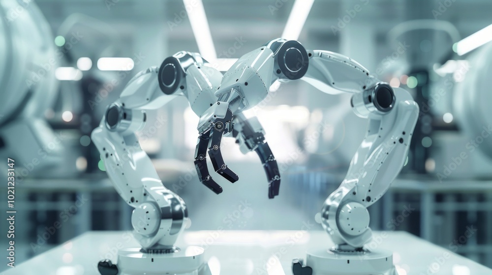 Poster Two robotic arms are holding each other in a factory setting