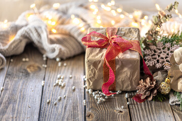 Christmas composition with a festive gift. Christmas background.