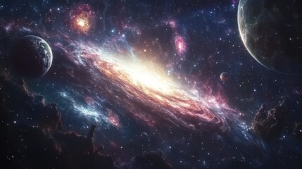 A breathtaking spiral galaxy glowing with brilliant colors in the vast cosmos, surrounded by stars and planets.