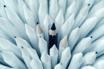 Obraz premium a lot of pencils, with one black pencil standing out in the center. top view , individuality in the crowd