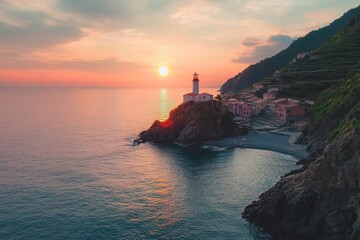 Naklejka premium Serene Sunset View with Lighthouse Over Ocean