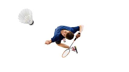 Determined badminton player reaches high for shuttlecock, his racket poised to strike. Perfect execution of skill and form. Concept of professional sort, game, match, goal, win. Aerial view.