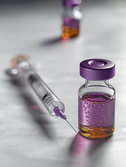 Syringe with pills and vials showing medicine and healthcare in laboratory.