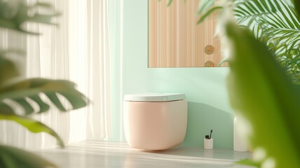 Fototapeta premium Pastel-Themed Nature-Inspired Bathroom with Modern Toilet and Indoor Plants