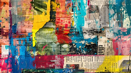 Fototapeta premium Abstract backdrop with collage of newspaper magazine, art, paint, grunge, texture, graffiti, painting, wall, color, colorful, design, pattern, illustration, artwork, paper, vintage, textured, oil, old