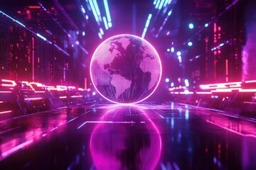 Obraz premium Digital Neon Globe in Illuminating Landscape