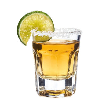 Tequila Shot with a lime wedge and a sprinkle of salt, presented in a shot glass with a slice of lime. isolated on transparency background