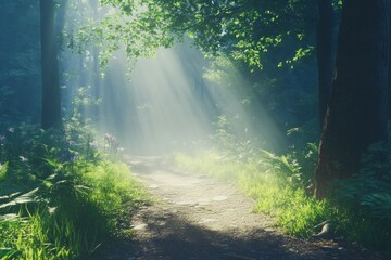 Obraz premium Serene Pathway Through an Enchanted Forest Landscape