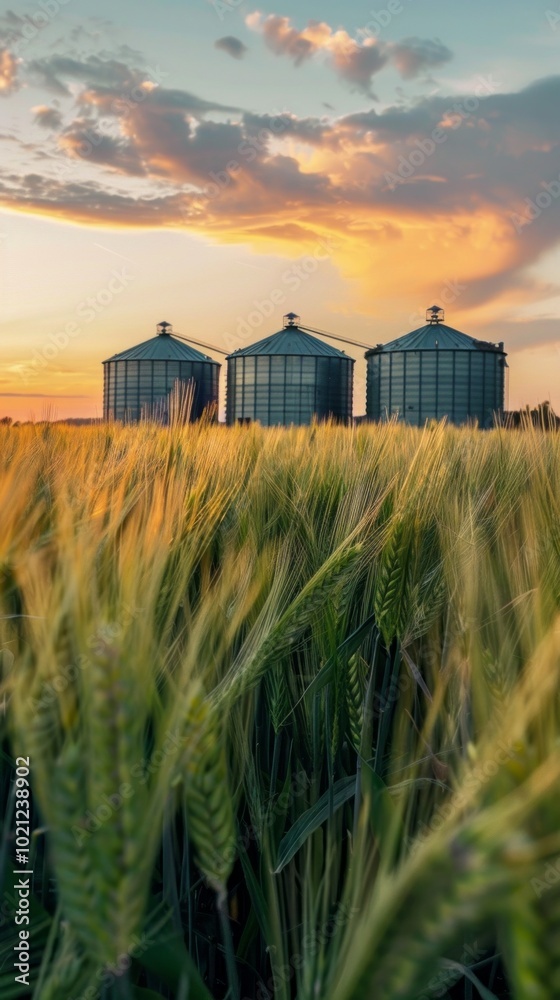 Poster three large silos are in a field of tall grass