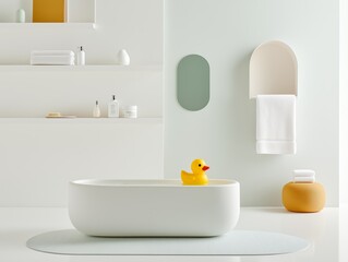 Fototapeta premium Minimalist Baby Bathroom Setup with Bathtub and Yellow Rubber Duck