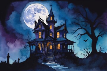 Eerie Haunted House Looming in Moonlit Night Sky Watercolor
