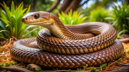 Fototapeta premium Australian Brown Snake Coiled on Ground in Natural Habitat with Lush Greenery and Natural Light