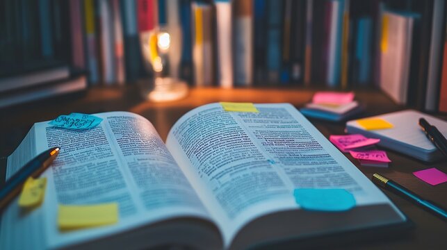 A non-fiction book on a desk, surrounded by research notes and highlighters, emphasizing its informative content