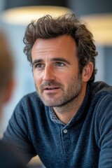 Obraz premium A casually dressed man with curly hair leans forward, engaging in a thoughtful conversation, showcasing a relaxed and friendly demeanor, highlighting communication and openness.
