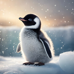 Fototapeta premium A little penguin sits on a block of ice. A picture full of cuteness and a cool atmosphere.