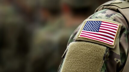 Close-up view of a U.S. military uniform featuring an American flag patch on the arm, set against a blurred background. This composition provides ample space for text, emphasizing themes of patriotism