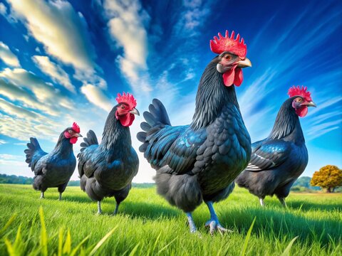 Beautiful Blue Australorps Roaming Freely in a Green Pasture Under Clear Blue Sky on a Sunny Day
