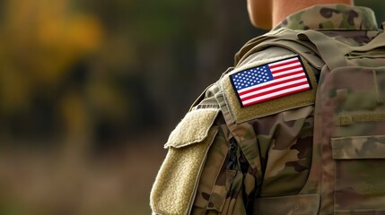 Fototapeta premium Close-up view of a U.S. military uniform featuring an American flag patch on the arm, set against a blurred background. This composition provides ample space for text, emphasizing themes of patriotism