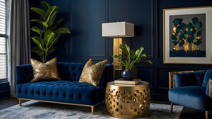 Stylish modern sitting area showcasing a sumptuous navy velvet couch, decorative pouf, gold-accented side table, greenery, and contemporary home accents. Dark blue wall setting.