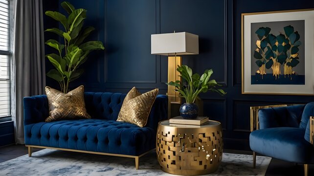 Stylish modern sitting area showcasing a sumptuous navy velvet couch, decorative pouf, gold-accented side table, greenery, and contemporary home accents. Dark blue wall setting.