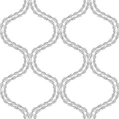 Seamless pattern with black linear floral ogee geometrical motifs on a white background. Minimalist classic abstract repeat wallpaper.