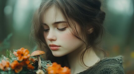 A young woman admires vibrant flowers and mushrooms in a serene forest setting, embodying themes of nature and tranquility, This image is ideal for wellness, beauty, and nature-related projects,