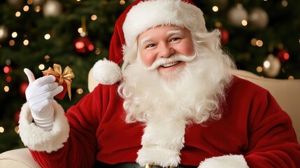 A cheerful Santa Claus sits on a comfortable sofa, holding out beautifully wrapped presents beside a decorated Christmas tree, creating a festive and inviting atmosphere