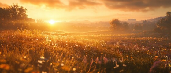 Serene golden sunrise over a tranquil meadow filled with wildflowers and lush greenery.
