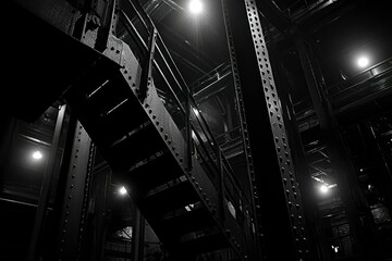 Naklejka premium A Black and White Image of an Industrial Stairwell