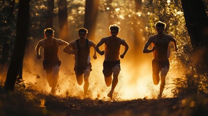 Four runners in silhouette race through a forest at sunset.