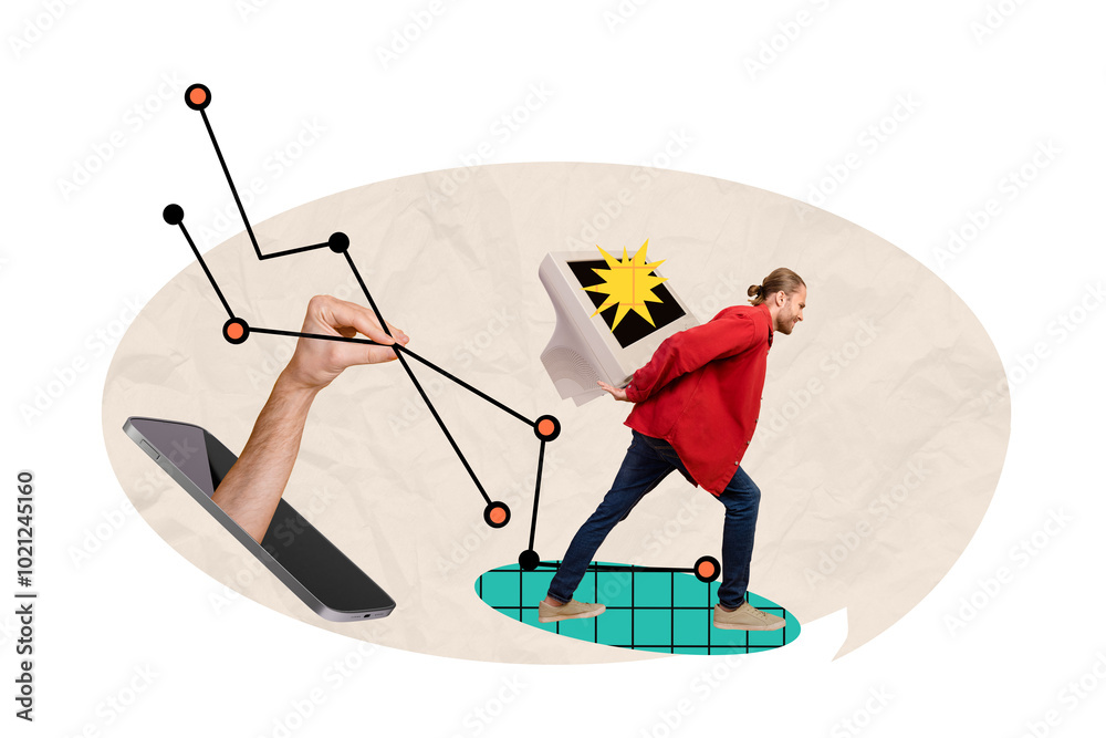 Poster artwork 3d photo collage of handsome man hold retro computer modern gadget diagram isolated on drawi