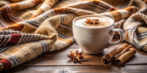 Fototapeta premium Aromatic Warm Drink with Cinnamon Sticks and Star Anise on Wooden Table with Plaid Blanket