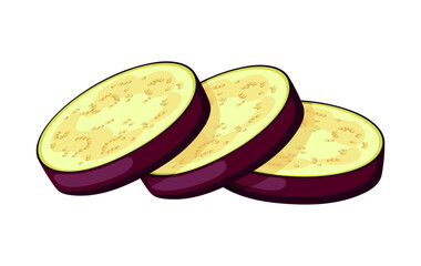 Eggplant slices in cartoon style. Vector illustration of fresh, delicious sliced ​​eggplants isolated on white background. Useful vegetables. Healthy and nutritious food.
