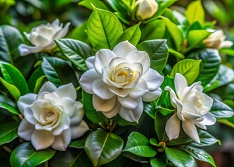 Beautiful Gardenias in Bloom with Lush Green Leaves and Soft Petals Capturing Nature's Elegance