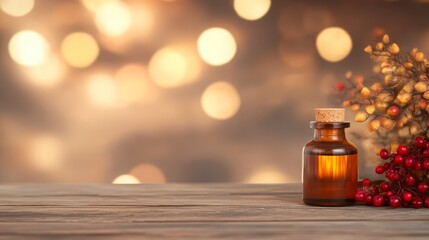 A warm and inviting scene featuring a glass bottle with a cork stopper next to vibrant red berries, set against a soft bokeh background, Ideal for wellness, aromatherapy, or seasonal decor,