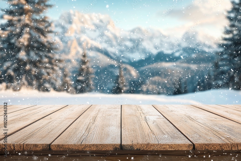 Poster An image of a desk with a cover of snowflakes and a winter landscape.