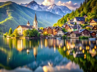 Naklejka premium Beautiful Halstat Village Reflected in the Serene Waters of the Lake Amidst Majestic Mountains