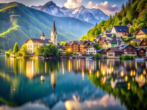 Beautiful Halstat Village Reflected in the Serene Waters of the Lake Amidst Majestic Mountains