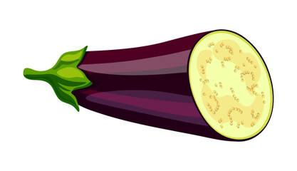 Eggplant in cartoon style. Vector illustration of a delicious eggplant half with a green stem isolated on a white background. Useful vegetables. Healthy and nutritious food.