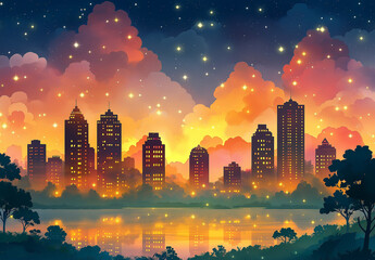 Fototapeta premium Watercolor painting. Colorful and unusual skyscraper artwork at night with stars and clouds in the sky. City skyline at night.