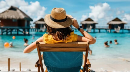 Obraz premium A woman in a straw hat relaxes in a beach chair, gazing at a serene tropical resort with clear waters and distant structures, This image is perfect for travel blogs, relaxation themes