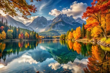 Beautiful landscape of a serene lake surrounded by autumn foliage and majestic mountains in daylight