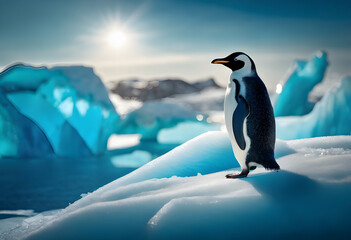 Obraz premium A penguin stands on top of a blue iceberg. This image is illuminated by the sky.