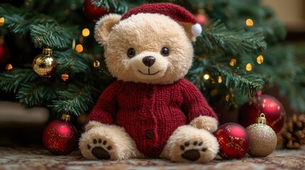 A cozy teddy bear dressed in a red sweater and Santa hat sits under a Christmas tree, surrounded by festive ornaments, Ideal for holiday themes, greeting cards, and cheerful marketing,
