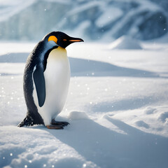 Fototapeta premium A penguin perches on a small ice cube in a cute pose. The soft light softens the image.
