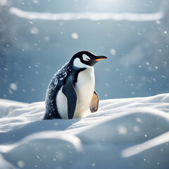 Fototapeta premium A penguin stands next to an ice peak in the cold light. The color of the ice and its feathers contrast beautifully.