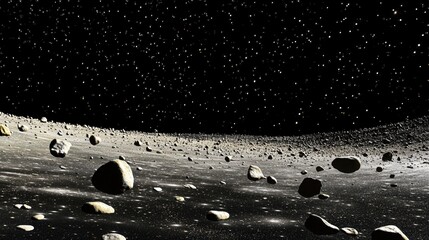 Vast asteroid belt under a starry sky, showcasing rocks and cosmic debris in deep space.