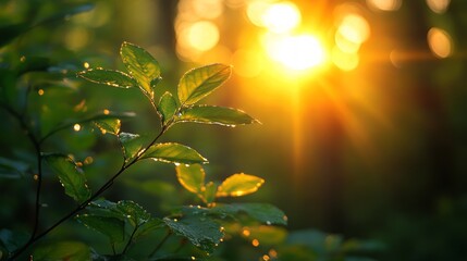 Obraz premium Green leaves with dew drops in the sunlight.