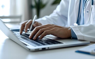 Doctor Typing Electronic Medical Records on Laptop