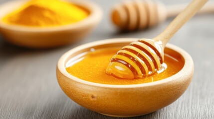 A close-up view of honey in a wooden bowl, featuring a honey dipper, with turmeric in the background, Perfect for food blogs, wellness articles